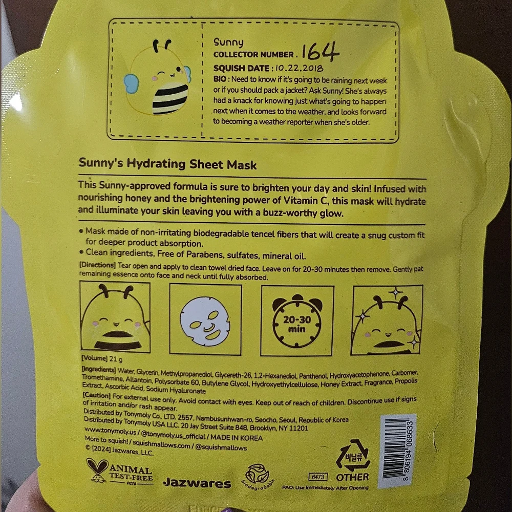 NWT Squishmallows TonyMoly Hydrating Honey + Vitamin C Sheet Mask Sunny The Bee